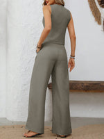 V-Neck Button Down Vest and Wide Leg Pants Set