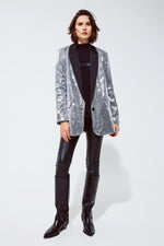 Silver Sequin Tuxedo Blazer With Satin Lapels