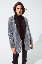 Silver Sequin Tuxedo Blazer With Satin Lapels