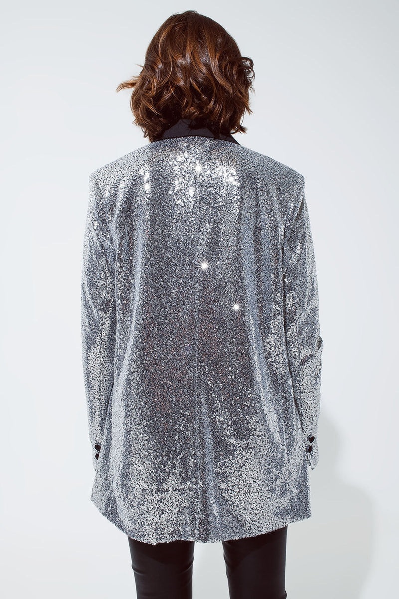 Silver Sequin Tuxedo Blazer With Satin Lapels