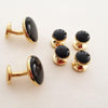 Deluxe Gold-plated Round Cuff Links & Studs, Black Inserts, Velvet Box - One Box