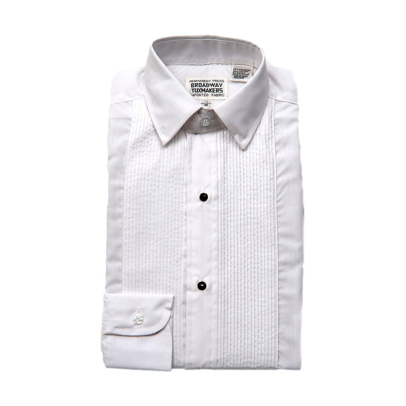 Boys White Tuxedo Shirt with Lay Down Collar, 1/8" Pleats