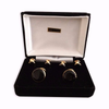 Deluxe Gold-plated Round Cuff Links & Studs, Black Inserts, Velvet Box - One Box