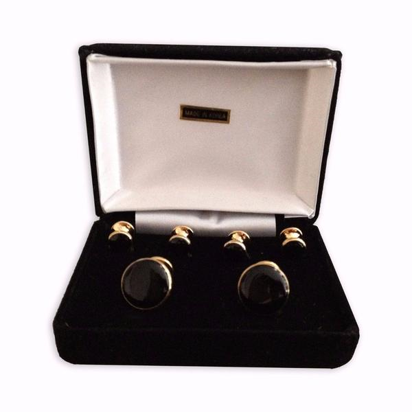 Deluxe Gold-plated Round Cuff Links & Studs, Black Inserts, Velvet Box - One Box