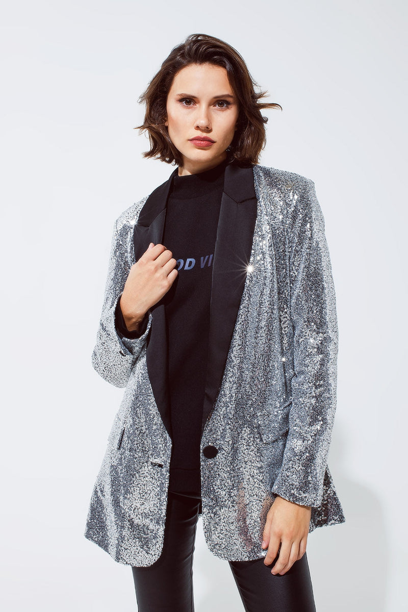 Silver Sequin Tuxedo Blazer With Satin Lapels