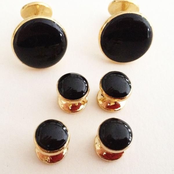 Deluxe Gold-plated Round Cuff Links & Studs, Black Inserts, Velvet Box - One Dozen