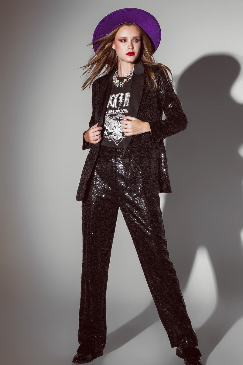 Black Sequin Tuxedo Jacket With Satin Lapels